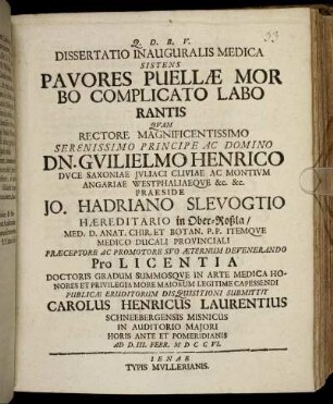 Dissertatio Inauguralis Medica Sistens Pavores Puellæ Morbo Complicato Laborantis