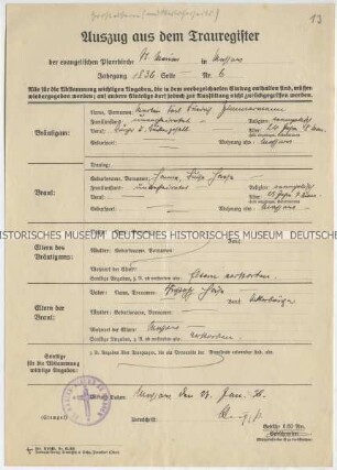 Auszug aus dem Trauregister der St. Marienkirche von Massow in Pommern