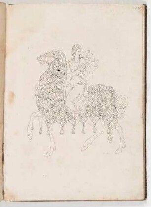 Reiterin auf einem Pferd mit Prachtreitzeug, in einem Band mit Antikischen Figurinen und Pferdedekorationen, Bl. 14