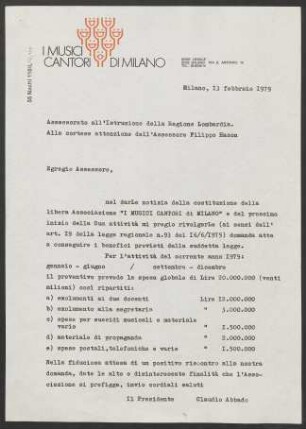 Brief an Lombardei. Assessorato Istruzione, 13.02.1979