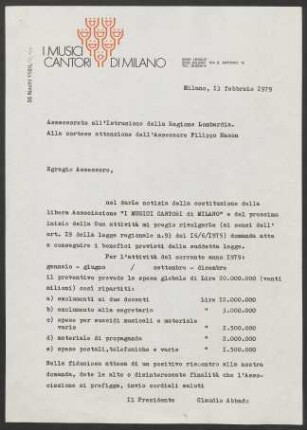 Brief an Lombardei. Assessorato Istruzione, 13.02.1979