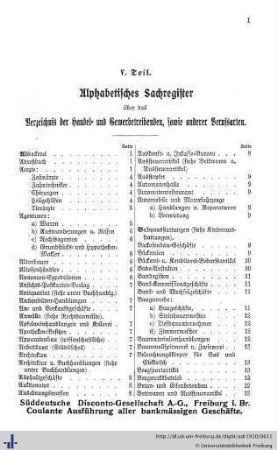 V. Teil. Alphabetisches Sachregister über das Verzeichnis der Handel- und Gewerbetreibenden, sowie andere Berufsarten.