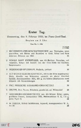 Erster Tag: Donnerstag, den 9. Februar 1933, im Franz-Josef-Saal, Beginn um 3 Uhr (Nr. 1-220)