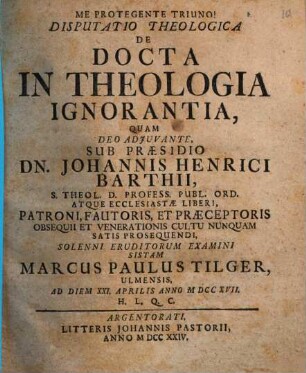 Disp. theol. de docta in Theologia ignorantia