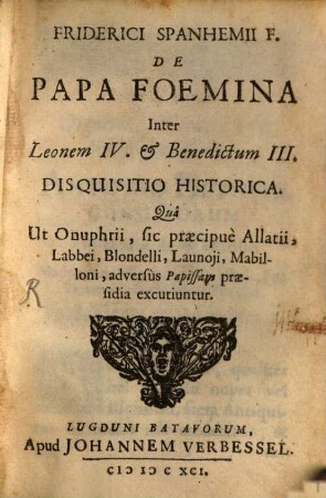 De papa foemina inter Leonem IV. et Benedictum III. disquisitio historica