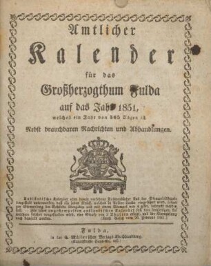 1851: Amtlicher Kalender für das Großherzogthum Fulda