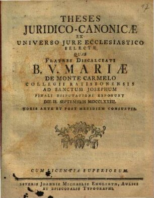 Theses Juridico-Canonicae Ex Universo Jure Ecclesiastico Selectae