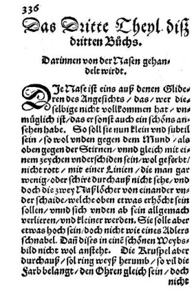Das Dritte Theyl diß dritten Buchs. Darinnen von der Nasen gehandelt wirdt.