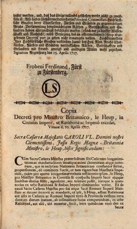 Kayserliches Commissions-Decret An Froben, Ferd. Fürst zu Fürstenberg ...