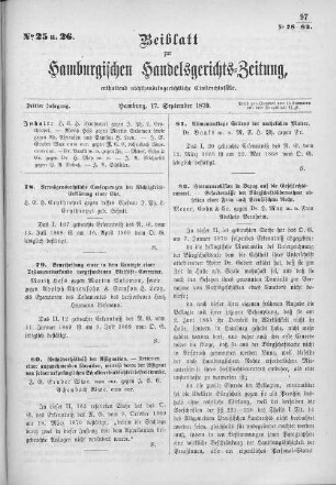 Beiblatt zur hamburgischen Handelsgerichts-Zeitung No. 25 u. 26. Dritter Jahrgang. Hamburg, 17. September 1870.