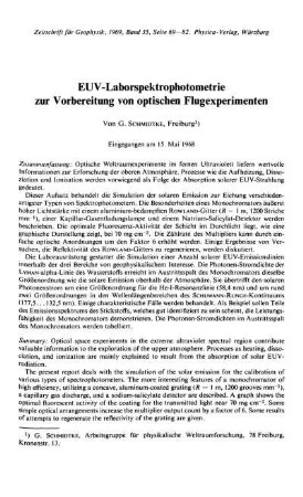 EUV-Laborspektrophotometrie zur Vorbereitung von optischen Flugexperimenten