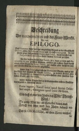 Beschreibung Der Illumination und des Feuer-Wercks. Bey dem Epilogo.