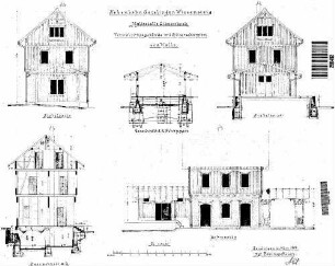 Ditzenbach: Empfangsgebäude Halle und Güterschuppen Schnitte,Ansichten