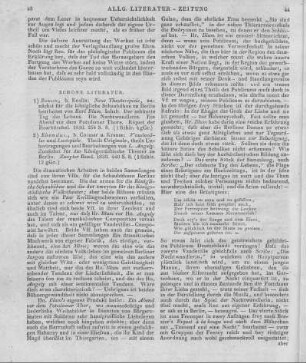 [Sammelrezension zweier Theaterstücke] Rezensiert werden: 1. Blum, K.: Neue Theaterspiele. Zunächst für die Königliche Schaubühne zu Berlin. Berlin: Enslin 1830 Enth.: Der schönste Tag des Lebens. Die Nachtwandlerin. Ein Abend vor dem Potsdamer Thore. Riquet der Haarbüschel 2. Angely, L.: Vaudevilles und Lustspiele. Theils Originale, theils Übertragungen und Bearbeitungen. Bd. 2. Berlin: Cosmar & Krause 1830