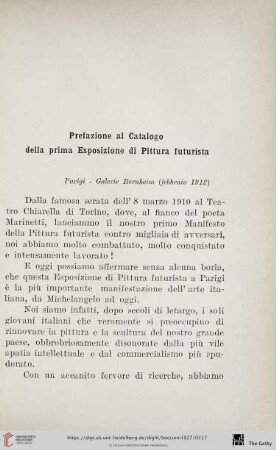 Prefazione al Catalogo della prima Esposizione di Pittura futurista
