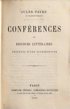 Conférences et discours littéraires : Précédé d'une introd.