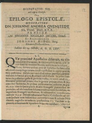 Disputationes Exegeticae, In Epistolam S. Pauli ad Colossenses