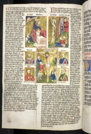 (1) Antitypus: Kreuzigung; (2) Typus: Abraham opfert Isaak; (3) Typus: Aufrichtung der ehernen Schlange; Propheten-Brustbild
