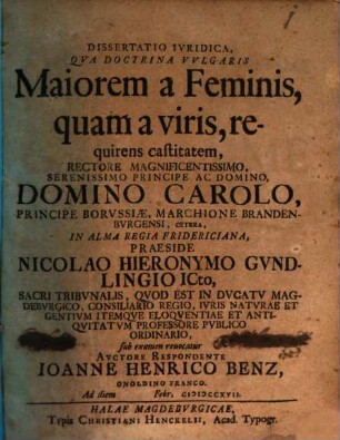 Diss. iur. qua doctrina vulgaris, maiorem a feminis quam a viris requirens castitatem