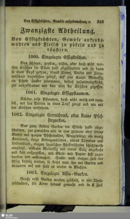 Zwanzigste Abtheilung. Von Essigfrüchten, Gemüse aufzubewahren und Fleisch zu pökeln und zu räuchern