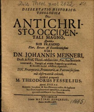 Dissertatio Hitorico-Theologica De Antichristo Occidentali Magno