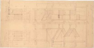 Fischer, Theodor; Würzburg, Münsterplatz; Sparkasse - Mittelbau - Treppe vom Saalgeschoss zum Zwischengeschoss u. Zwischenboden zum Archiv (Grundrisse, Schnitte)