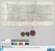 Wolf Christoph von Wisentaw, Amtmann zu Schwabach, einerseits und Hanns Schnöd, Georg Graber und Hans Baur, Namens des Nürnberger Rats und zugleich für Georg von Gich, Spitalmeister des Alten Spitals andererseits, legen die Irrungen zwischen den Müllern und den Anraiern der Mühlbäche oberhalb und unterhalb Roths bis gegen Schwabach über Wässerung, Befischung und Eisgewinnung aus diesen Bächen schiedsrichterlich bei. - Siegler: der Schwabacher Amtmann, der Spitalmeister und die Stadt Nürnberg.