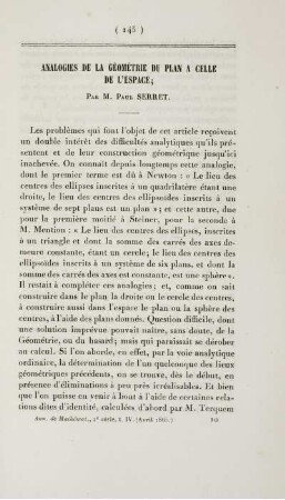 Analogies de la géométrie du plan a celle de l'espace.