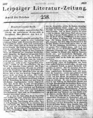 Ansicht über die künftigen staatsrechtlichen Verhältnisse des unmittelbaren Reichs-Adels in Deutschland. Ohne Druckort. 1814. 60 S. 4.
