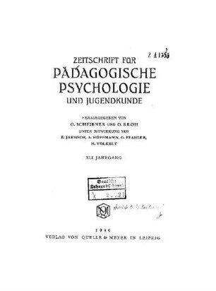 41: Zeitschrift für pädagogische Psychologie und Jugendkunde - 41.1940