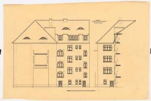 Wohnhausgruppe Lauterbach, Breslau: Eckhaus Hohenzollern-/Menzelstraße: Ansicht und Schnitt der hinteren Fassade