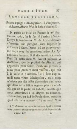 Article troisieme. Second voyage à Madagascar, à Foulpointe, à Sainte-Marie & à la baie d'Antongil