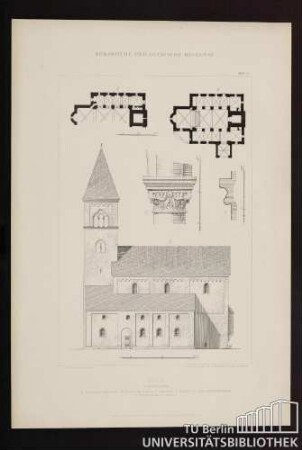 Güls Dorfkirche A Grundriss zu ebner Erde. B Grundriss der Empore. C Südansicht. D Kapitell des großen Mittelschiffdienstes. F Kämpfergesims der Arcaden