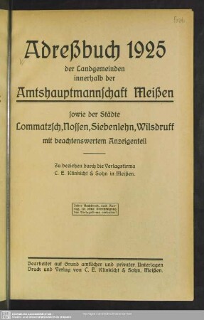 1925: Adreßbuch der Landgemeinden innerhalb der Amtshauptmannschaft Meißen, sowie der Städte Lommatzsch, Nossen, Siebenlehn, Wilsdruff