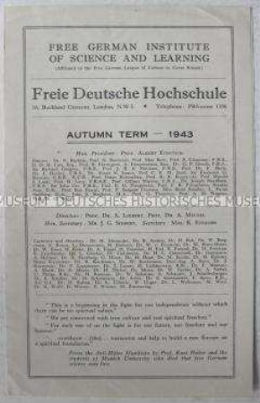 Vorlesungsprogramm der Freien Deutschen Hochschule in London für Sommer 1943, beiliegend Anmeldeformular (blanko)