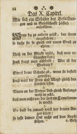 Das X. Capitel. Wie sich ein Schüler bey Besuchungen und in Gesellschaft höflich aufzuführen