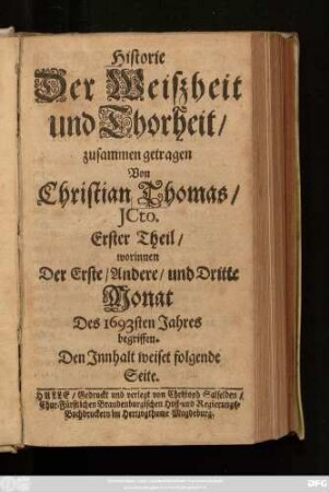 1: worinnen Der Erste/ Andere/ und Dritte Monat Des 1693sten Jahres begriffen