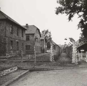 Oswiecim. Gedenkstätte ehem. Konzentrationslager Auschwitz. Häftlingsunterkünfte und Elektrozaun