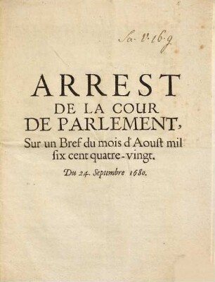 Arrest de la cour de parlement, sur un bref du mois d'Aoust mil six cen quatre-vingt : du 24. Septembre 1680