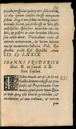 Ioanni Friderico Duci B. et Lunaeb. S. D. Ioan. Caselius.