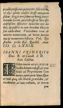 Ioanni Friderico Duci B. et Lunaeb. S. D. Ioan. Caselius.