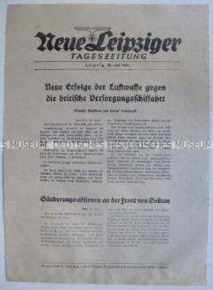 Extrablatt der "Neuen Leipziger Tageszeitung" zu deutschen Luftangriffen auf britische Handelsschiffe und Kämpfen um Sollum/Ägypten