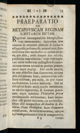73-76, Praeparatio ad Metaphysicam Reginam Scientiarum Dictam