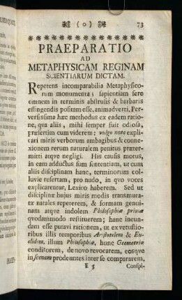 73-76, Praeparatio ad Metaphysicam Reginam Scientiarum Dictam