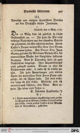 III. Auszüge aus einigen spanischen Briefen an den Verfasser dieses Journals