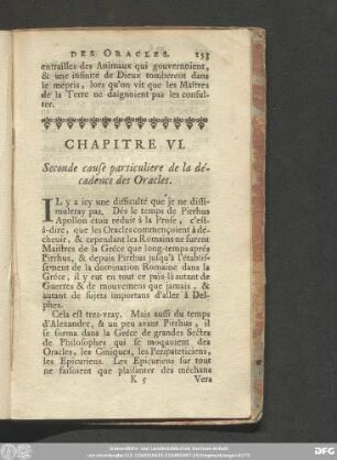 Chapitre VI. Seconde cause particuliere de la décadence des Oracles.