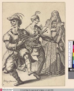 [Verschleierte Frau mit zwei maskierten Musikanten, welche auf einem Rost und einem Blasebalg spielen; A Veiled Woman with Two Musicians Playing a Gridiron and a Bellows]