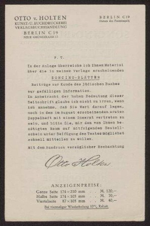 Informationsblatt der Druckerei Otto von Holten über Inserate in den Soncino-Blättern