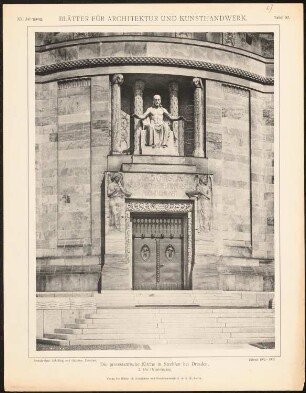 Protestantische Kirche, Dresden-Strehlen: Ansicht Haupteingang (aus: Blätter für Architektur und Kunsthandwerk, 20. Jg., 1907, Tafel 92)