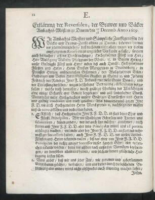 E. Erklärung der Reversales, der Brawer und Bäcker Ambachts-Meistern zu Deuren/ den 16/ 26 Decemb. Anno 1609.